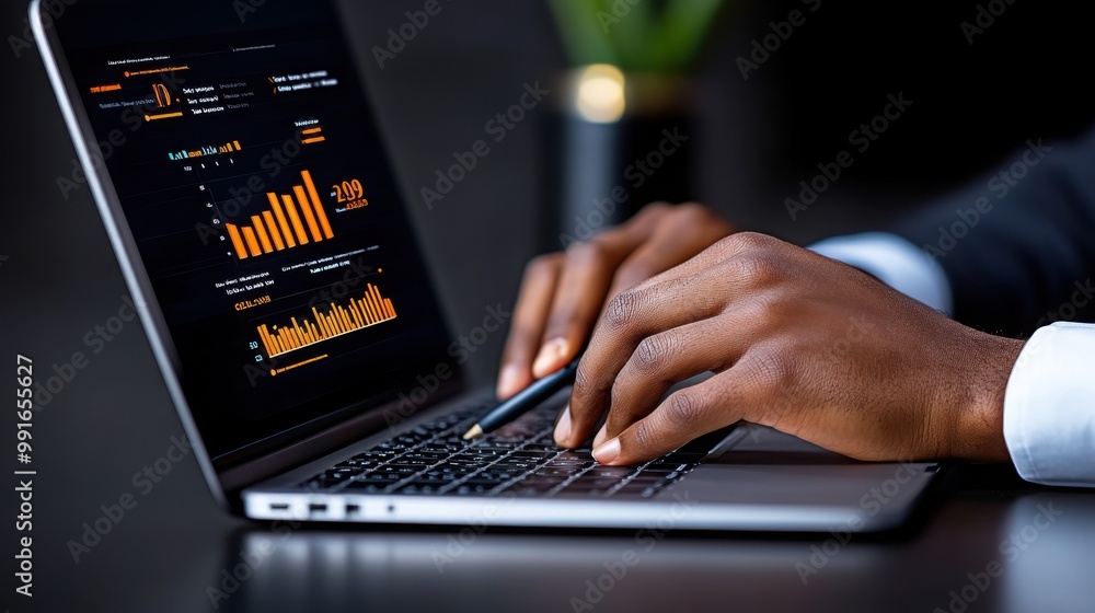 Poster data driven decisions: close-up of a businessman's hands analyzing financial data on a laptop, symbo