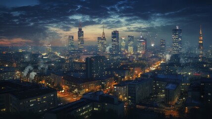 Obraz premium A stunning nighttime cityscape featuring illuminated skyscrapers and bustling city lights under a twilight sky.