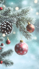 a holiday themed background for a presentation, frosted bokeh snow, pine tree branches, ornaments, simple design background