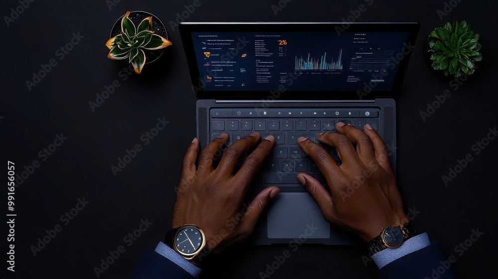 Poster data driven decisions: a businessman's hands diligently analyze graphs and data on a laptop screen, 