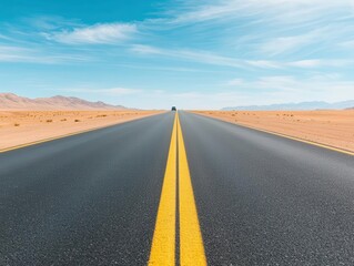 Fototapeta premium Long stretch of desert highway with faded lane markings and a solitary car in the distance, desert highway, remote infrastructure
