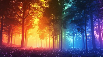 Fototapeta premium A mesmerizing forest scene with towering trees bathed in vivid, multicolored light, creating a surreal and dreamlike atmosphere. 