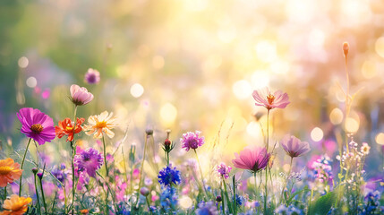 Soft focus meadow with wildflowers, Serene meadow with vibrant wildflowers basking in golden sunlight.