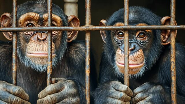 Two chimpanzees look out through the bars of their cage at a zoo