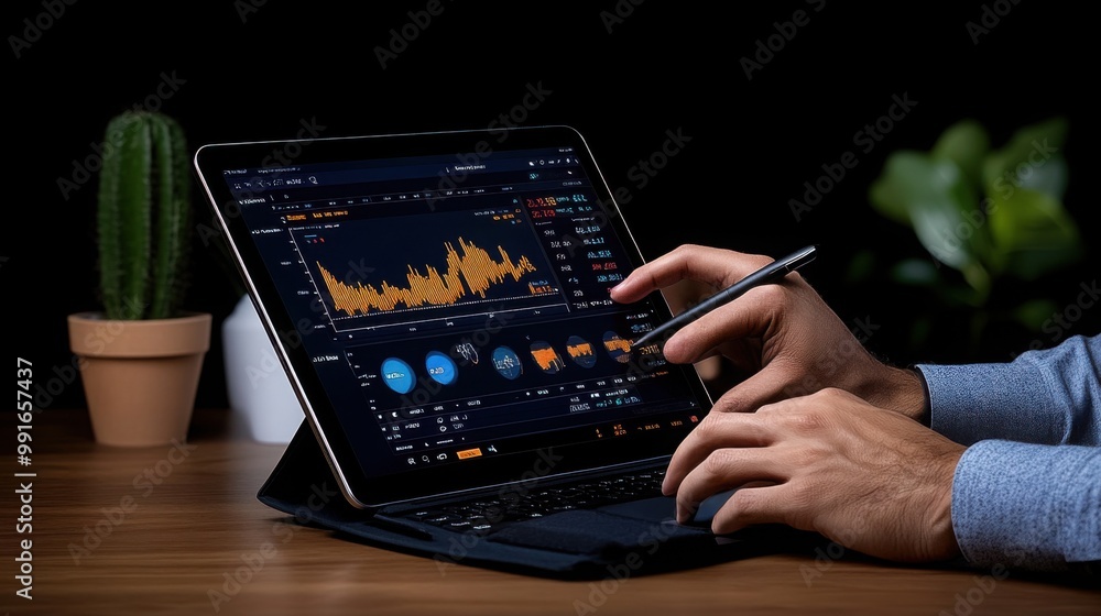 Poster analyzing the data: a close-up shot of a businessman analyzing financial charts on a tablet, his han