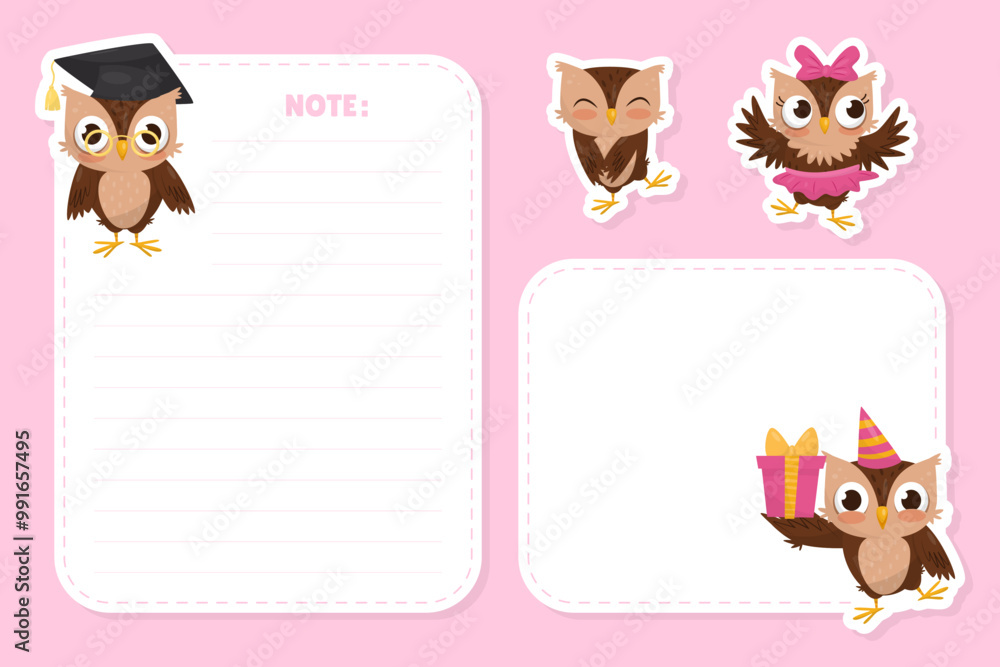 Poster empty card with funny brown owl character with feather vector template