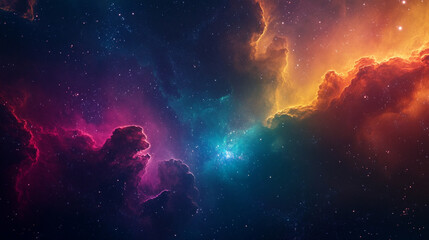 Fototapeta premium Colorful cosmic nebula veiled in space dust, a celestial spectacle, Cosmic Dreamscapes: Swirling Galaxies Meet Stormy Landscapes.