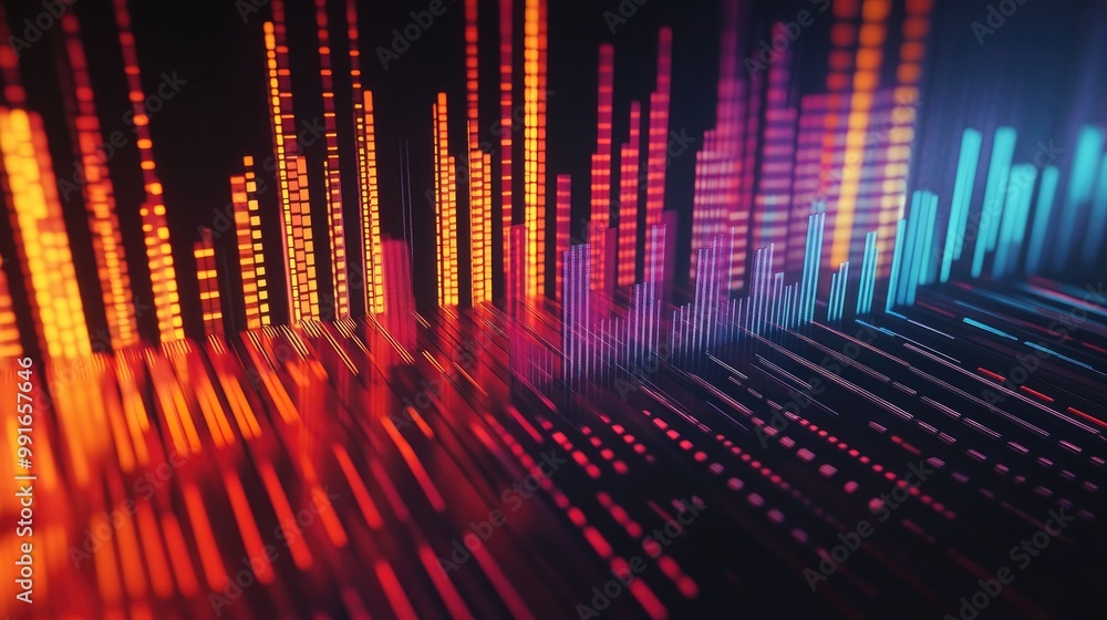 Aufkleber a bold digital equalizer background with sharp, angular bars in contrasting colors, designed to conv