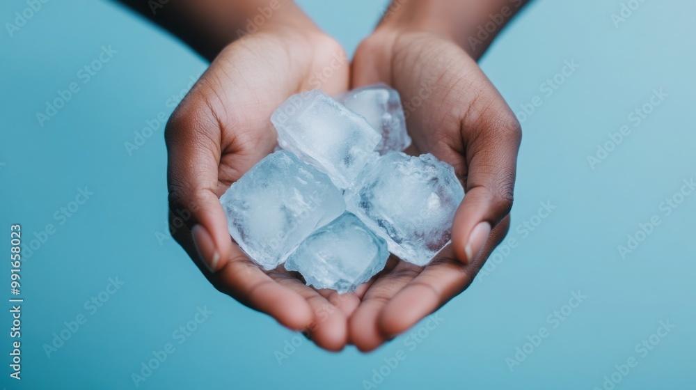 Poster hands holding melting ice cubes in soft light