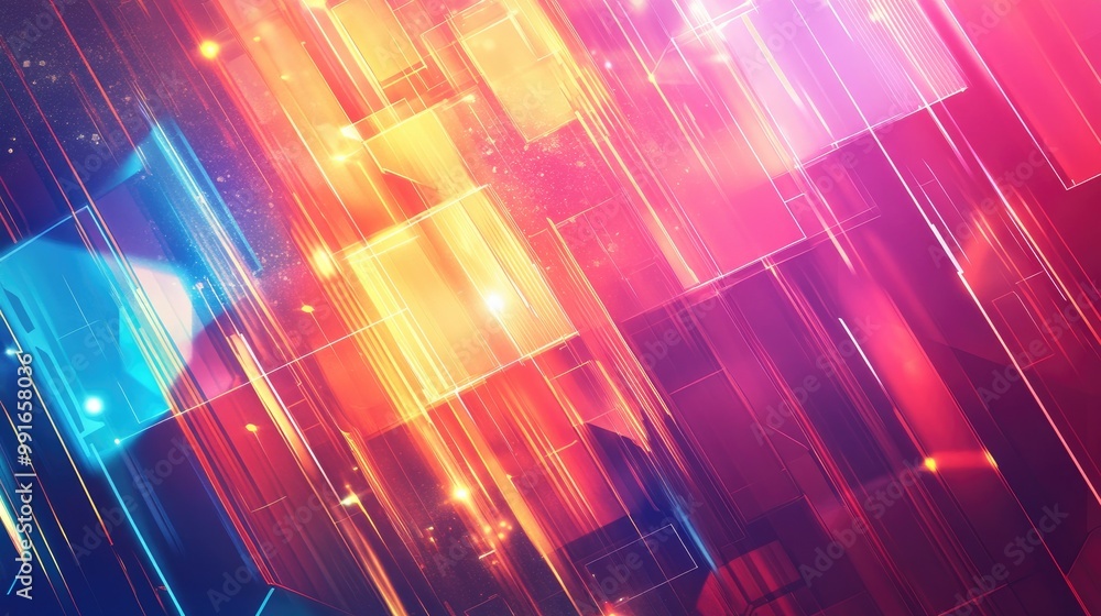 Poster a bright, colorful abstract background with overlapping hexagons and diagonal lines, forming a layer