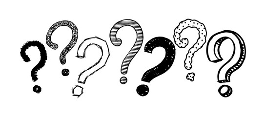 Obraz premium Hand drawn questions marks isolated on white background. Graphic inky punctuation icons. Vector clipart illustration. Line and Ink sketch. Vintage style. 