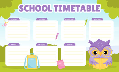 School Owl Character Timetable for Note Vector Template