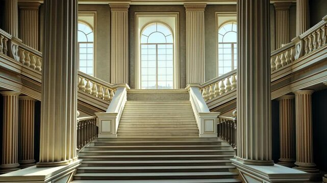 A grand staircase with ornate railings and columns leads up to a large window in a building with classical architecture