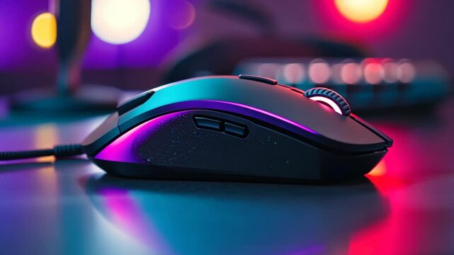 A black gaming mouse sits on a desk with a purple and red glow from the background