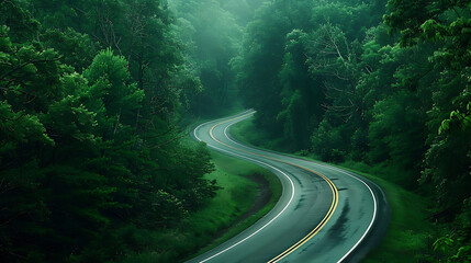 A scenic route cutting through a verdant forest with eye-catching yellow stripes