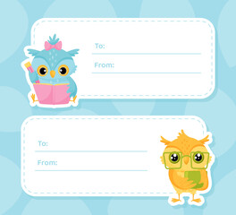 School Owl Character Tags for Note Vector Template