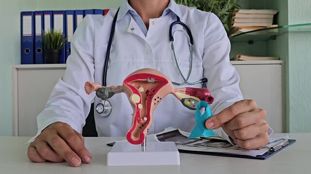 Turquoise ribbon with cervix image. Ovarian Cancer Month and Cervical Cancer Day