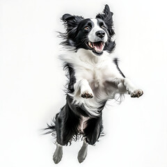 Black and white Border Collie sitting and looking up with a happy expression on a white background, Dog Jump Isolated, dog on white background



