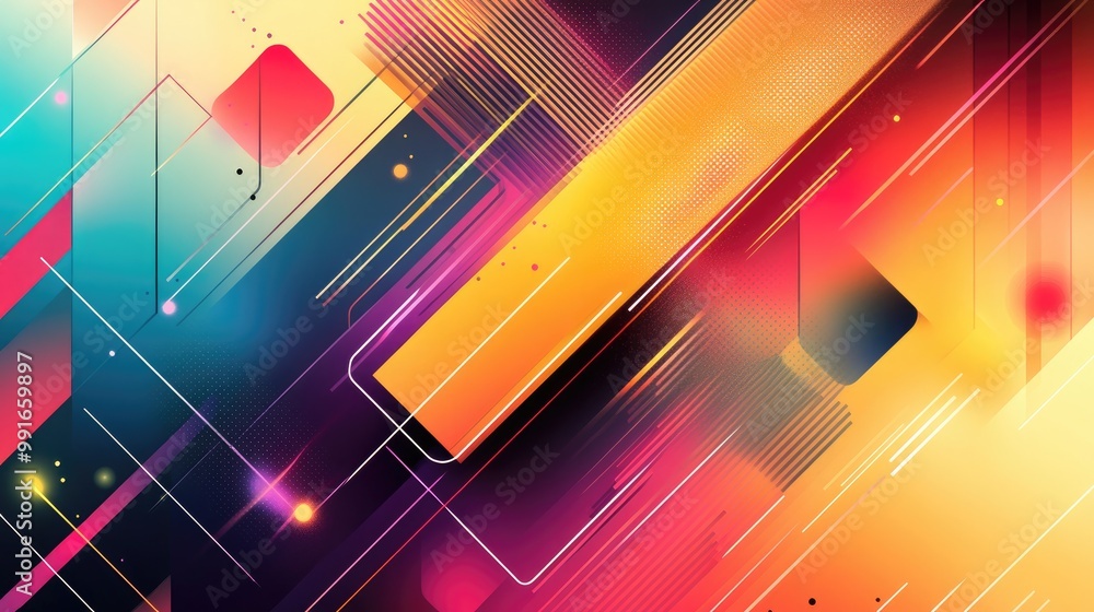 Poster a colorful abstract background with overlapping geometric shapes and sleek lines, forming a fluid, f