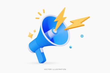 3D Blue megaphone and flash lightnings. Special offer. Social media promotion. Marketing time concept. Loudspeaker or speaker object. Realistic design emoji icon. 3D Vector illustration