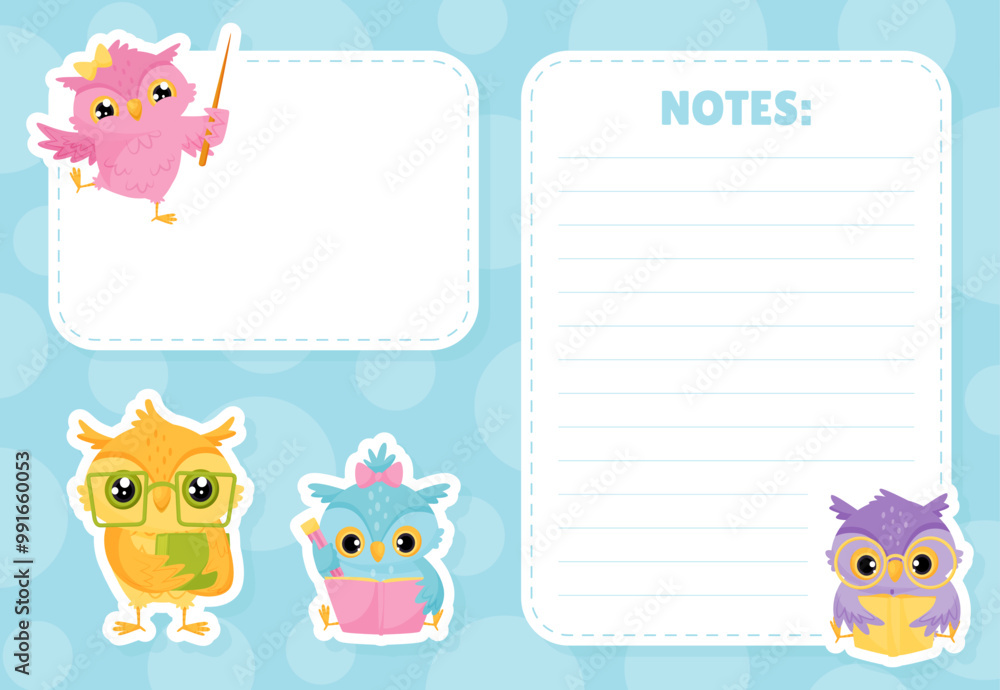 Poster school owl character empty card for note vector template