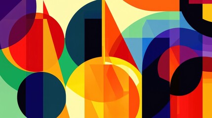 A colorful abstract banner with geometric shapes in bold, contrasting colors, featuring overlapping triangles, circles, and squares in a modern design
