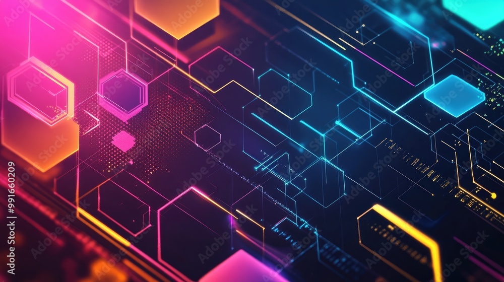 Poster A colorful abstract banner with layered hexagons and sleek lines intersecting in various directions, forming a futuristic geometric background
