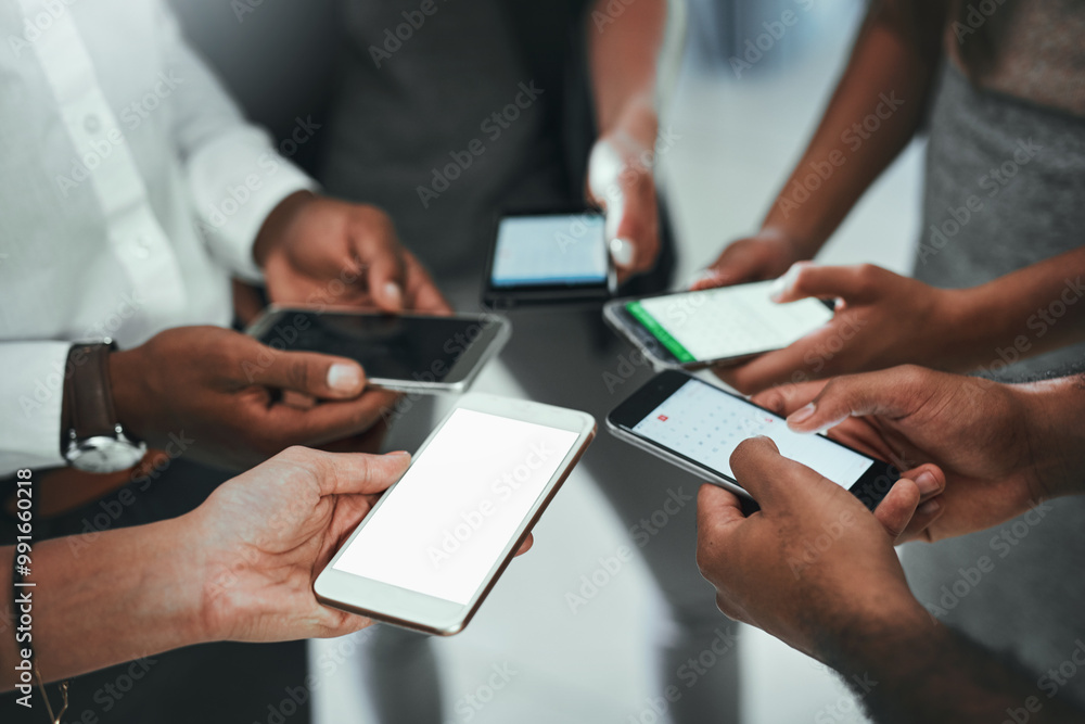Poster hands, business people and group with phone screen in circle for networking, social or communication