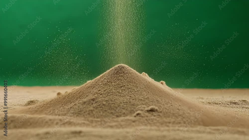 Poster explosive burst of sand on a vibrant green screen background, ideal for blending and enhancing visua