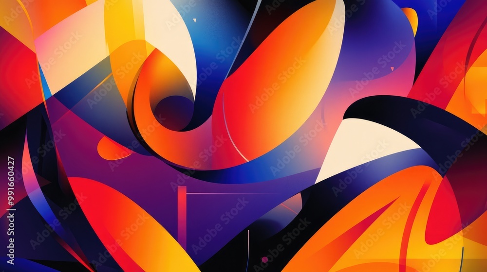 Poster a colorful abstract banner with overlapping geometric shapes and bold lines creating a playful, yet 
