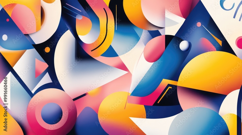 Poster a colorful abstract banner with overlapping geometric shapes and bold lines creating a playful, yet 