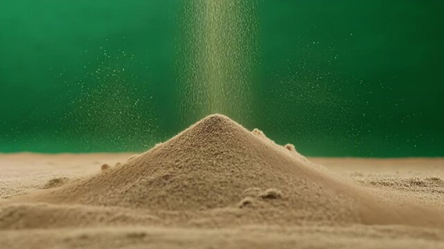 Explosive burst of sand on a vibrant green screen background, ideal for blending and enhancing visual effects. Perfect for adding a touch of dynamic motion to your projects