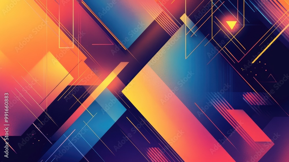 Poster A colorful, modern abstract banner with a combination of geometric shapes like triangles and rectangles, creating depth and movement in the background