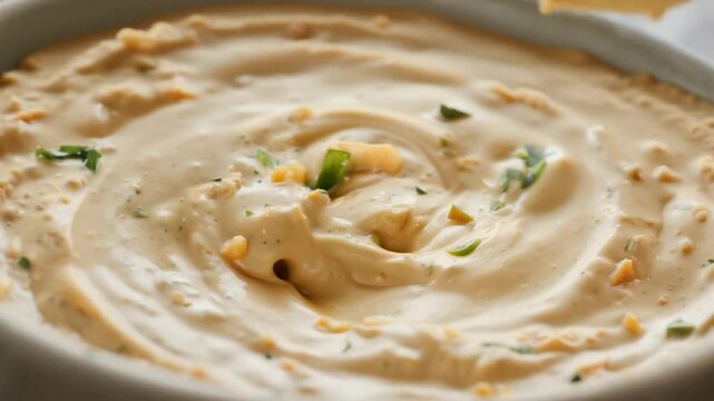 A creamy hummus blend rich with garlic and tahini is swirled to perfection, garnished with fresh herbs. It&rsquo;s an inviting appetizer perfect for gatherings