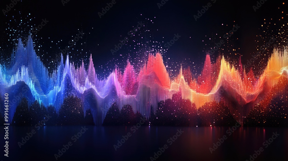 Poster a creative depiction of a digital equalizer in an array of colors, set against a dark background to 