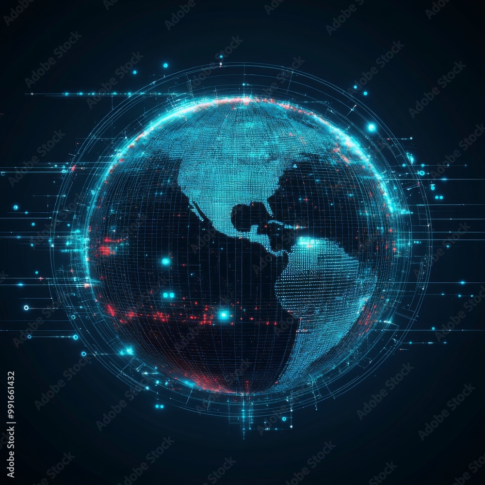 Poster a futuristic globe featuring data network elements, showcasing an abstract design that embodies conn