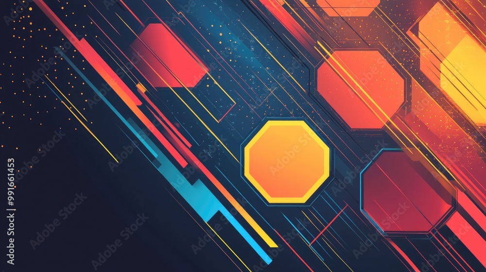Poster a dynamic abstract background featuring bold geometric shapes like hexagons, combined with thin, int