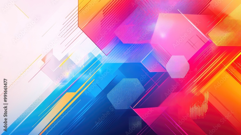 Poster a dynamic abstract background featuring bold geometric shapes like hexagons, combined with thin, int