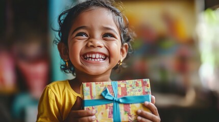 A detailed photo of a child with joyful tears and a beaming smile, holding a gift that brought them unexpected happiness.