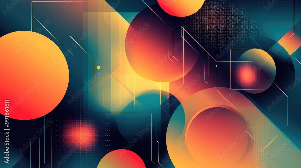 Poster a dynamic abstract background featuring floating geometric shapes in vibrant colors, arranged in lay