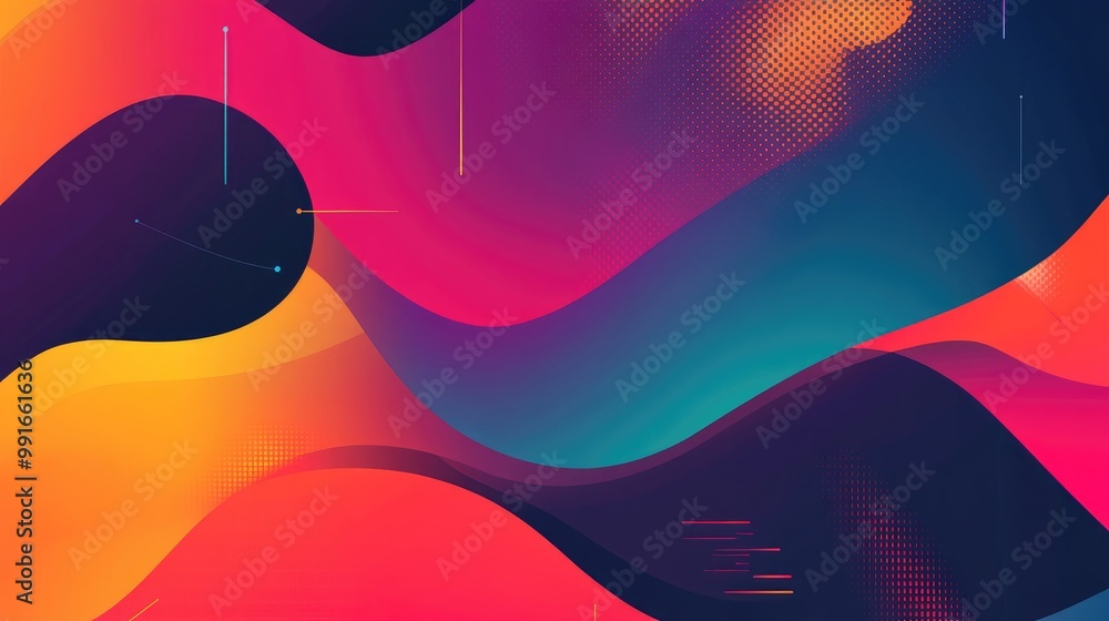 Poster a dynamic abstract background featuring floating geometric shapes in vibrant colors, arranged in lay