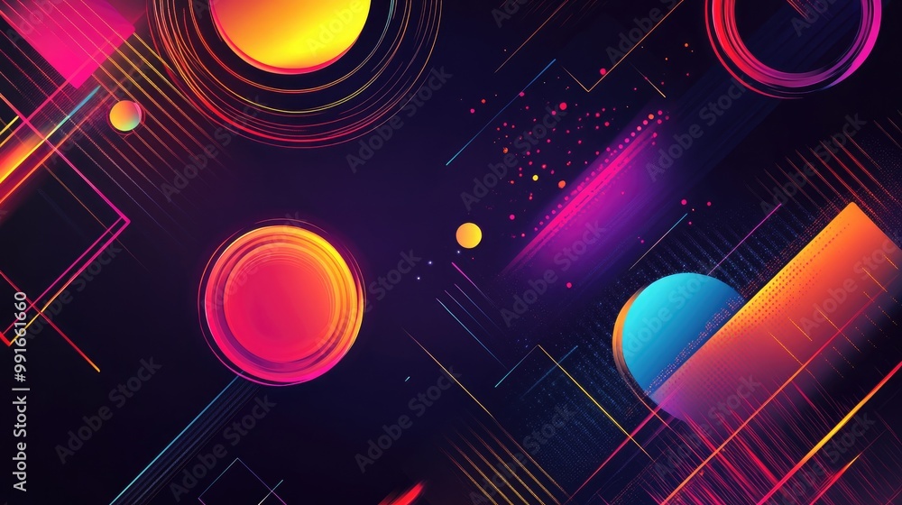 Poster a dynamic abstract background featuring floating geometric shapes in vibrant colors, arranged in lay