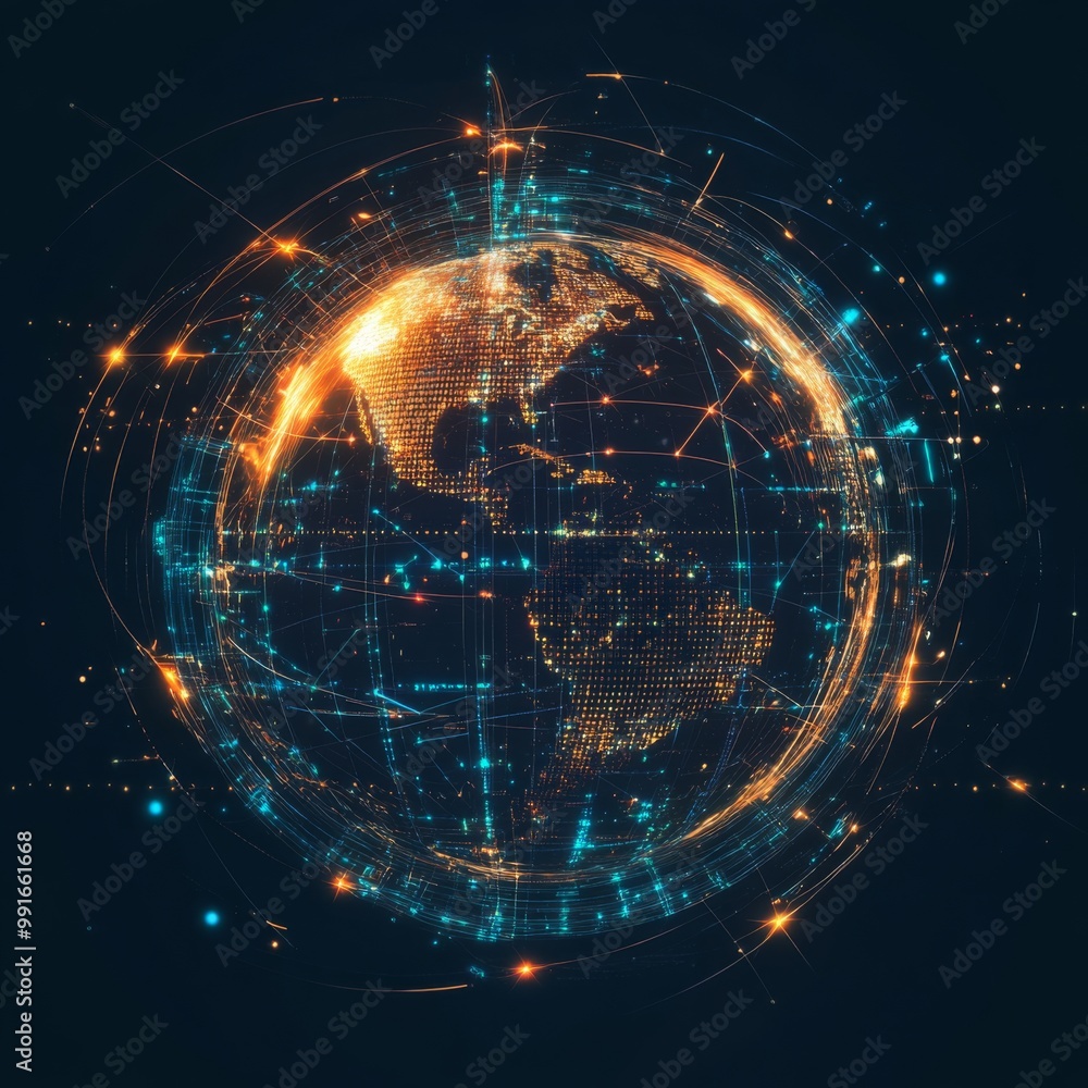 Poster a futuristic globe featuring data network elements, showcasing an abstract design that embodies conn