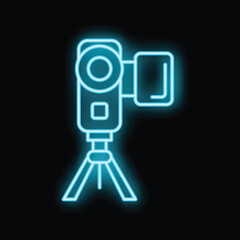 Blue neon icon of a digital camera recording while standing on a tripod, isolated on a black background