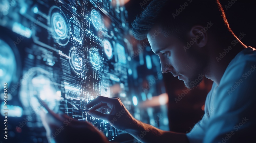 Poster a focused individual interacts with a digital display in a dark room featuring advanced technology a