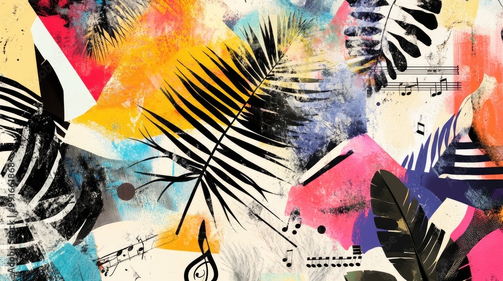 Poster a dynamic collage of tropical palm leaves in bold, contrasting colors layered over abstract shapes a