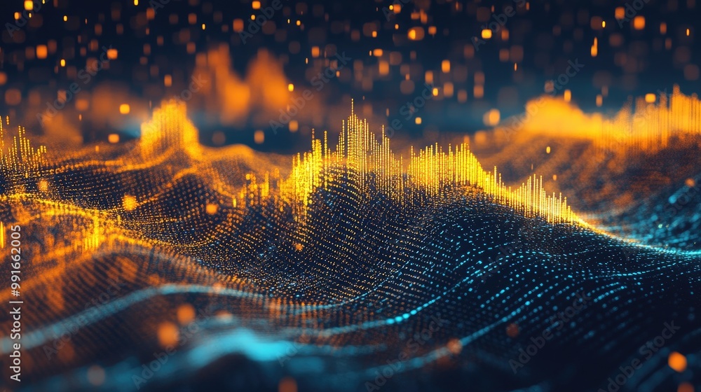 Poster a dynamic graphic of a digital sound wave equalizer with jagged peaks and valleys, capturing the int