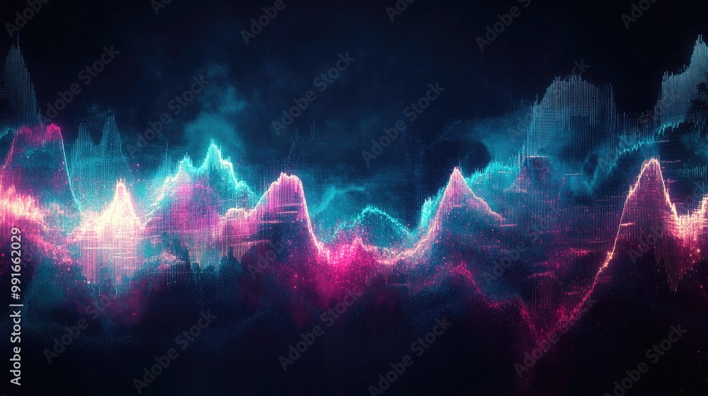 Poster a dynamic graphic of a digital sound wave equalizer with jagged peaks and valleys, capturing the int