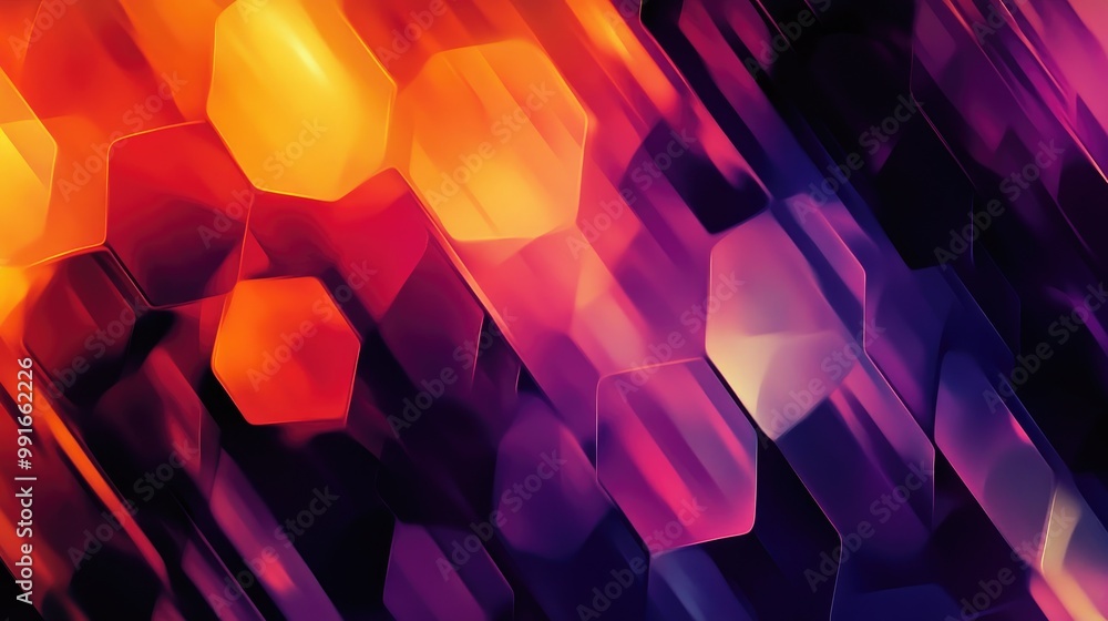 Poster A fluid abstract background with colorful hexagons and diagonal lines, forming a geometric pattern with soft curves and sharp contrasts