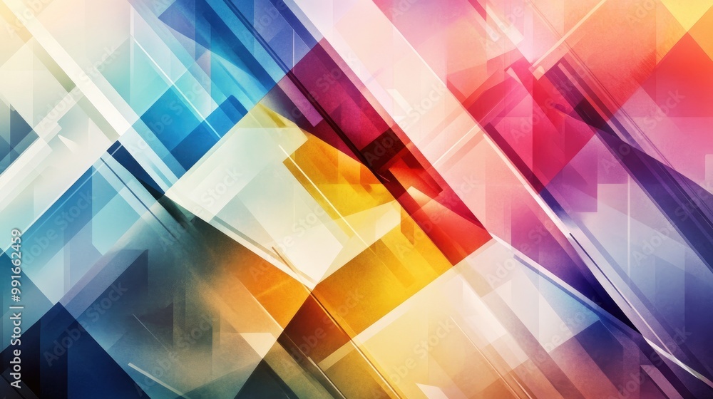 Poster a fluid, colorful abstract background with layered geometric shapes such as triangles and rectangles